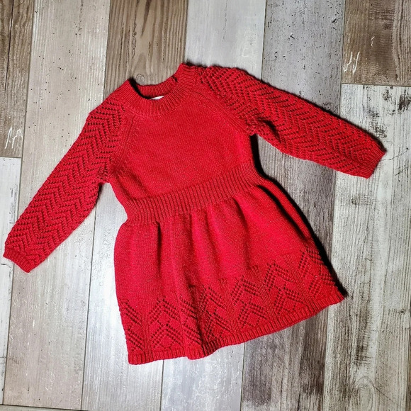 Cat & Jack Red Shimmery Baby Girl Knit Sweater Dress Size 12m - Picture 1 of 10